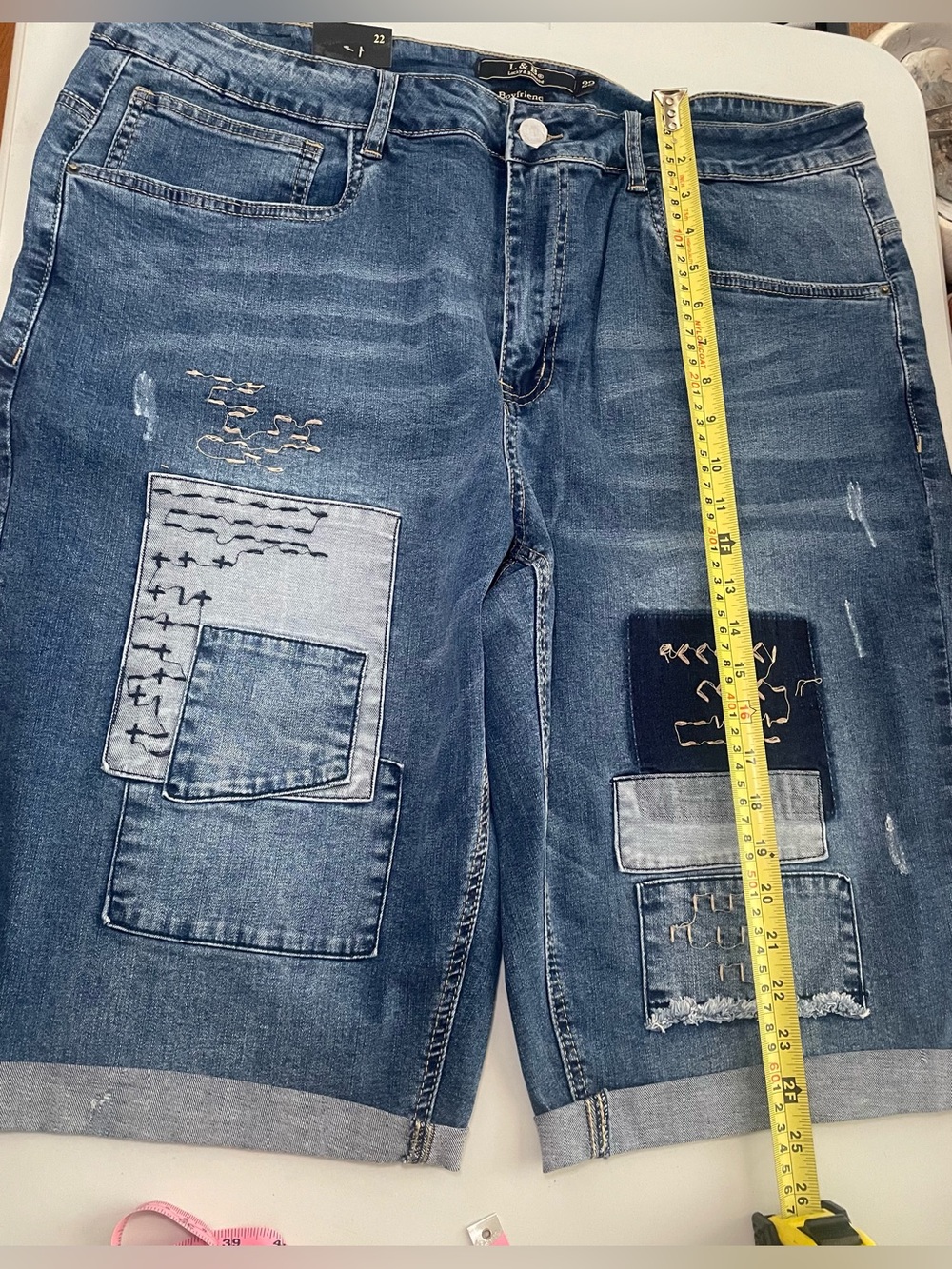 L&B Lucky and Blessed Patchwork Denim Bermuda Shorts Size 22 NWT